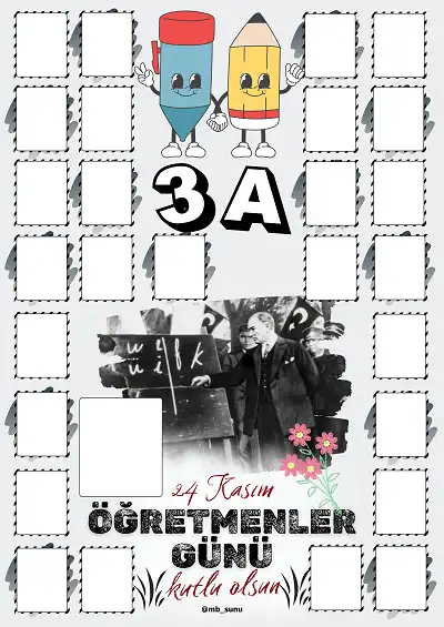 3-A Şubesi İçin Çerçeveli Öğretmenler Günü Posteri (27 Kişilik)