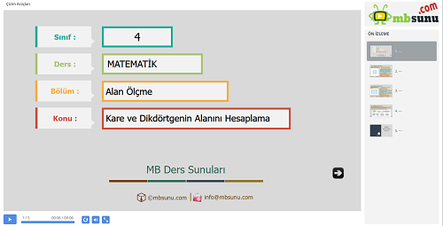 4.Sınıf Matematik Kare ve Dikdörtgenin Alanını Hesaplama Sunusu