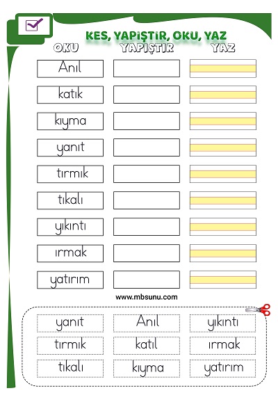 1. Sınıf İlk Okuma I Sesi - Kes Yapıştır Oku Yaz Etkinliği