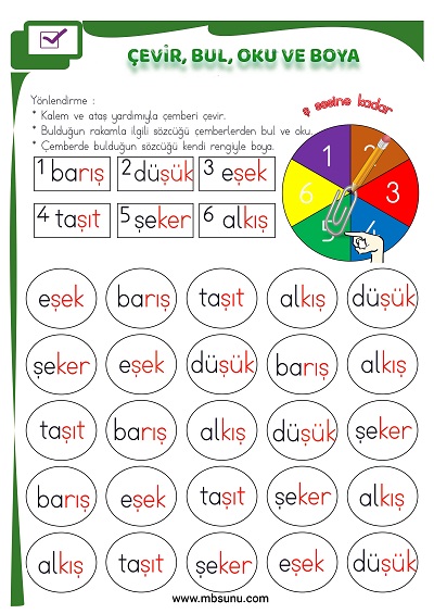 1. Sınıf İlk Okuma Ş Sesi - Çevir, Bul, Oku ve Boya Etkinliği