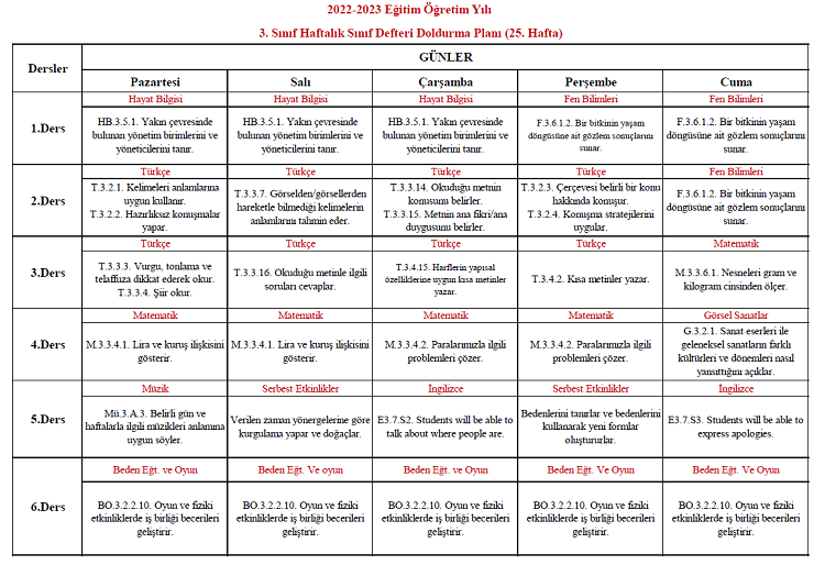 2022-2023 Yılı 3. Sınıf 25. Hafta Sınıf Defteri Doldurma Planı