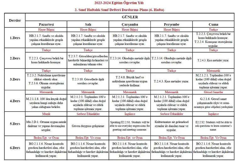 2023-2024 Yılı 2. Sınıf 6. Hafta Sınıf Defteri Doldurma Planı