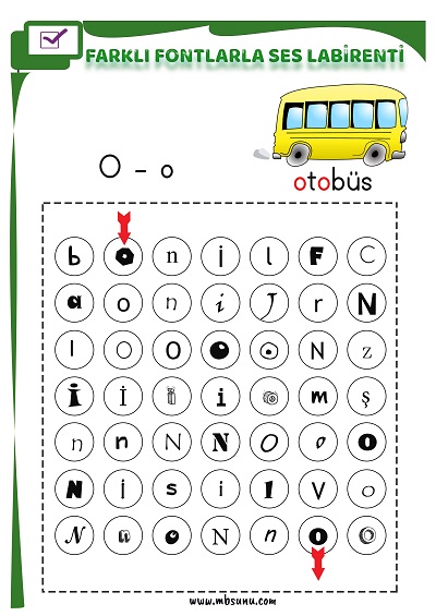 1. Sınıf İlk Okuma Farklı Fontlarla O Sesi Oyunlu Labirent Etkinliği