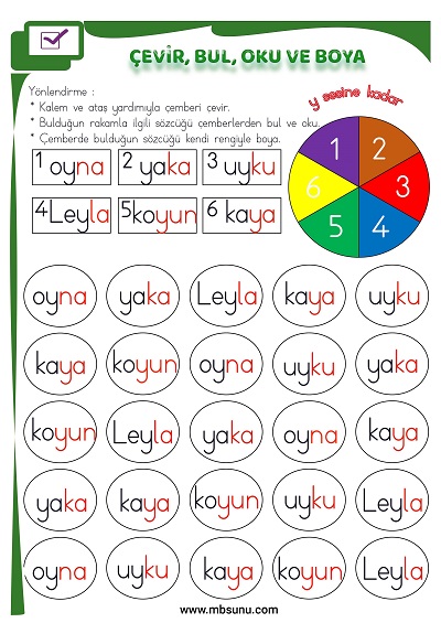1. Sınıf İlk Okuma Y Sesi - Çevir, Bul, Oku ve Boya Etkinliği