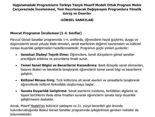 İlkokul Görsel Sanatlar Programının Maarif Modeli Metni Çerçevesince İncelenmesi, Görüş ve Öneriler
