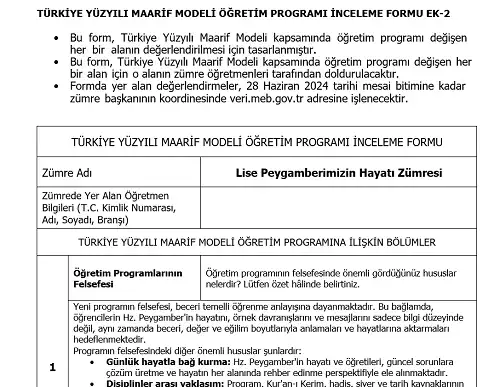 Maarif Modeli Lise Peygamberimizin Hayatı Programı İnceleme Formu Ek-2 (Doldurulmuş Hali)