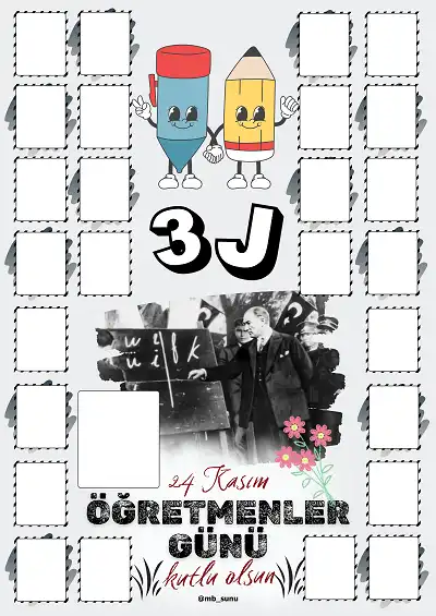3-J Şubesi İçin Çerçeveli Öğretmenler Günü Posteri (26 Kişilik)