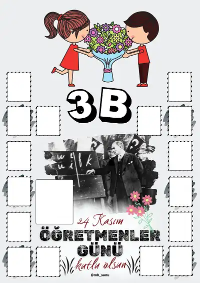 3-B Şubesi İçin Çerçeveli Öğretmenler Günü Posteri (16 Kişilik)