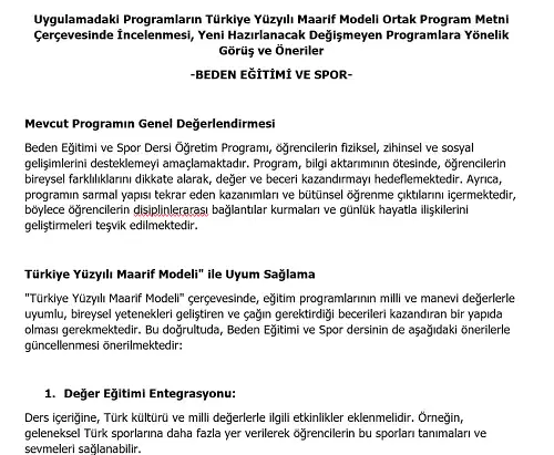 Ortaokul Beden Eğitimi ve Spor Programının Maarif Modeli Metni Çerçevesince İncelenmesi, Görüş ve Öneriler