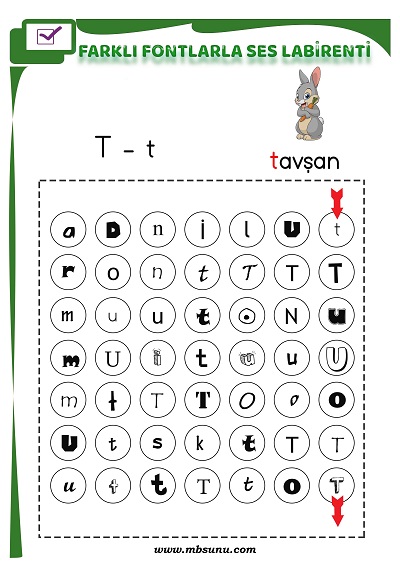 1. Sınıf İlk Okuma Farklı Fontlarla T Sesi Oyunlu Labirent Etkinliği