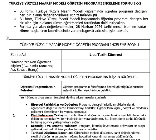 Maarif Modeli Lise Tarih Programı İnceleme Formu Ek-2 (Doldurulmuş Hali)