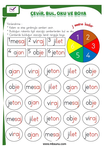 1. Sınıf İlk Okuma J Sesi - Çevir, Bul, Oku ve Boya Etkinliği