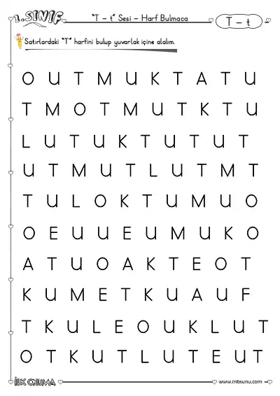 1. Sınıf T Sesi Harf Bulmaca Etkinliği