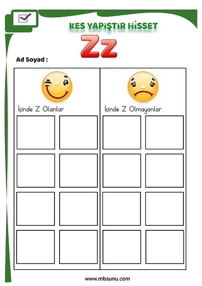 1. Sınıf İlk Okuma Z Sesi - Kes Yapıştır Hisset Etkinliği