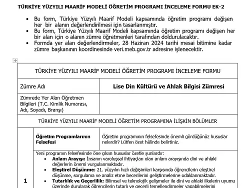 Maarif Modeli Lise Din Kültürü ve Ahlak Bilgisi Programı İnceleme Formu Ek-2 (Doldurulmuş Hali)