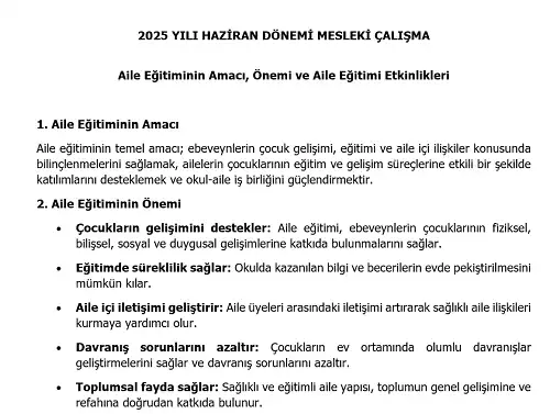 2025 İlkokul Mesleki Çalışma: Aile Eğitiminin Amacı, Önemi ve Aile Eğitimi Etkinlikleri