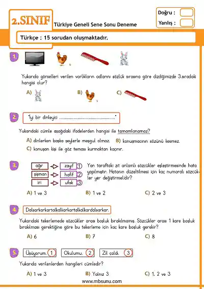 2. Sınıf Sene Sonu Genel Deneme 1