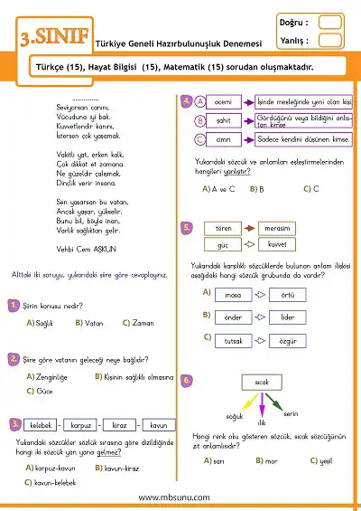 3. Sınıf Türkiye Geneli Hazırbulunuşluk Denemesi pdf