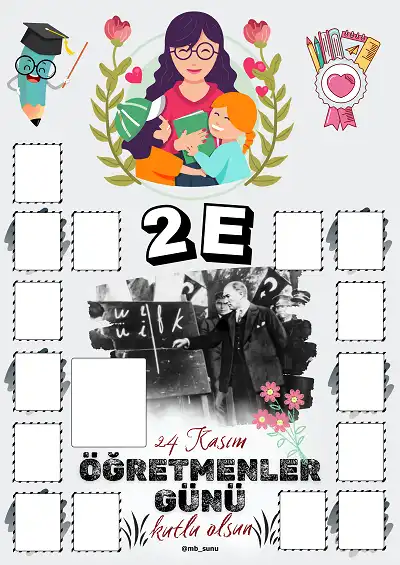 2-E Şubesi İçin Çerçeveli Öğretmenler Günü Posteri (15 Kişilik-Bayan)