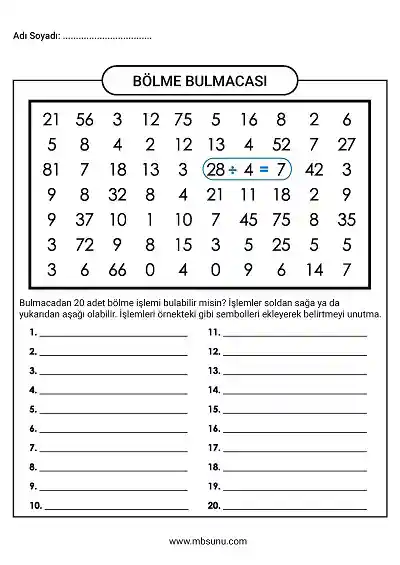 2.Sınıf Matematik - Bölme İşlemi Bulmacası