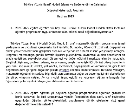 Türkiye Yüzyılı Maarif Modeli İzleme ve Değerlendirme Çalışmaları - Ortaokul Matematik Programı