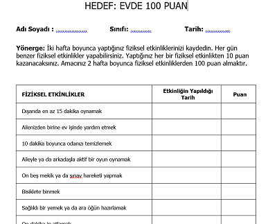 2.Sınıf Beden Eğitimi ve Oyun - Hedef Evde 100 Puan Formu