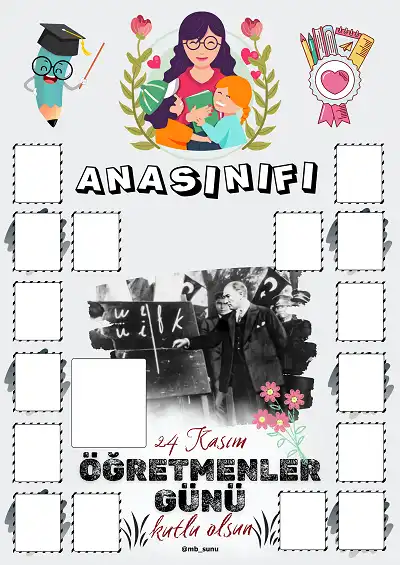 Anasınıfı İçin Çerçeveli Öğretmenler Günü Posteri (16 Kişilik)