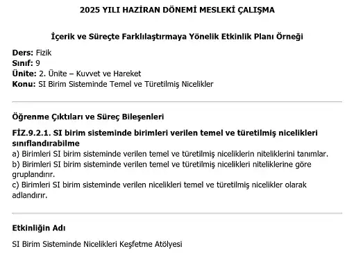 2025 Lise Mesleki Çalışma: İçerik ve Süreçte Farklılaştırmaya Yönelik Fizik Etkinlik Planı Örneği