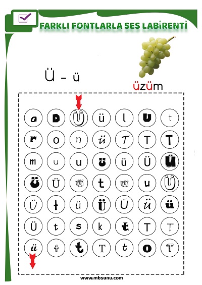 1. Sınıf İlk Okuma Farklı Fontlarla Ü Sesi Oyunlu Labirent Etkinliği