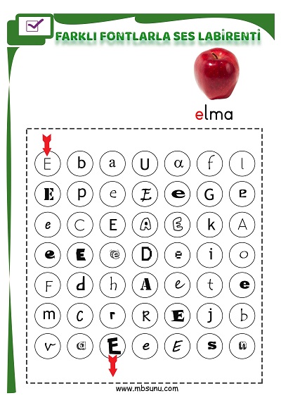 1. Sınıf İlk Okuma Farklı Fontlarla E Sesi Oyunlu Labirent Etkinliği