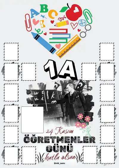 1-A Şubesi İçin Çerçeveli Öğretmenler Günü Posteri (16 Kişilik)