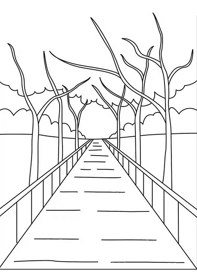 Perspektif Ağaçlı Köprü Yolu Boyama