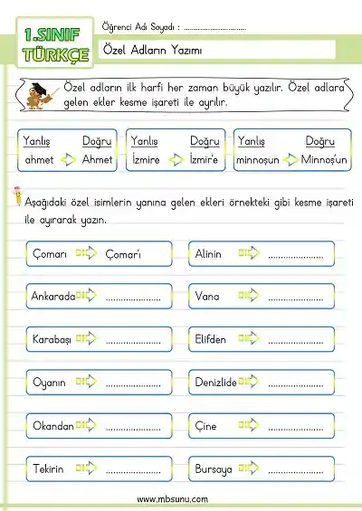 1. Sınıf Türkçe - Özel Adların Yazımı Etkinliği