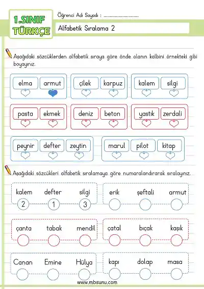 1. Sınıf Türkçe - Alfabetik Sıralama Etkinliği 2