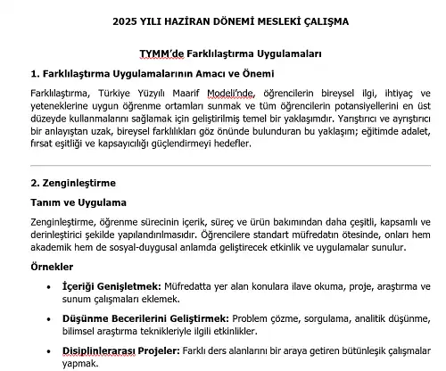 2025 Ortaokul Mesleki Çalışma: TYMM’de Farklılaştırma Uygulamaları