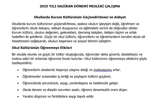 2025 Lise Mesleki Çalışma: Okullarda Kurum Kültürünün Güçlendirilmesi ve Aidiyet