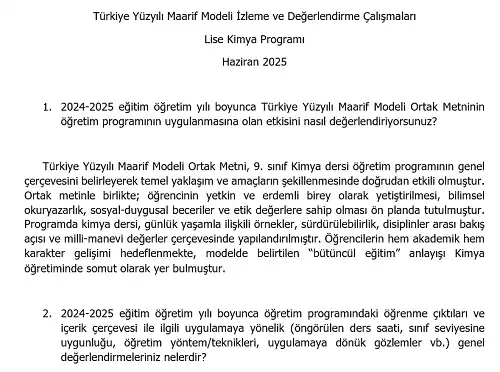 Türkiye Yüzyılı Maarif Modeli İzleme ve Değerlendirme Çalışmaları - Lise Kimya Programı