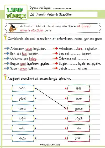 1. Sınıf Türkçe - Zıt Anlamlı Sözcükler Etkinliği