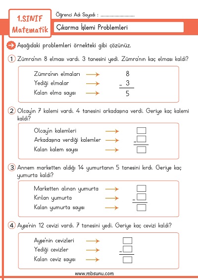 1. Sınıf Matematik - Çıkarma İşlemi Problemleri Etkinliği