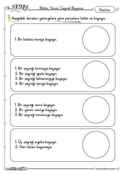 2. Sınıf Matematik - Bütün, Yarım ve Çeyrek Boyama Etkinliği