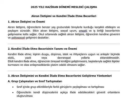 2025 Ortaokul Mesleki Çalışma: Akran İletişimi ve Kendini İfade Etme Becerileri