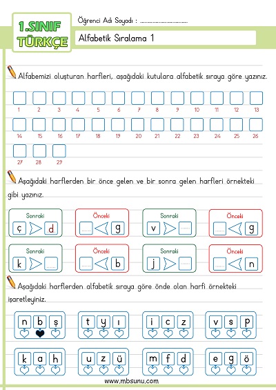 1. Sınıf Türkçe - Alfabetik Sıralama Etkinliği 1