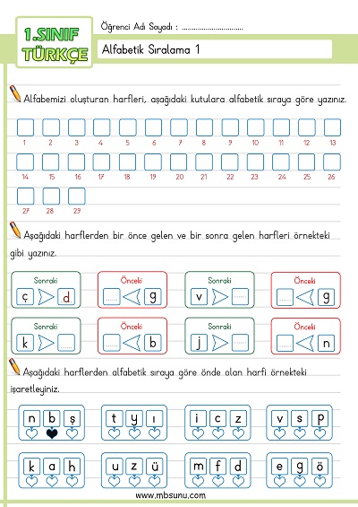 1. Sınıf Türkçe - Alfabetik Sıralama Etkinliği 1