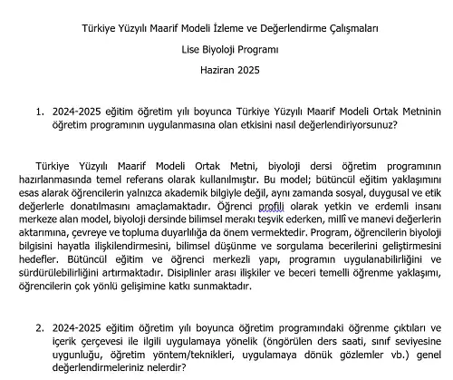 Türkiye Yüzyılı Maarif Modeli İzleme ve Değerlendirme Çalışmaları - Lise Biyoloji Programı