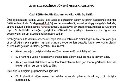 2025 Özel Eğitim ve Rehberlik Mesleki Çalışma: Özel Eğitimde Aile Katılımı ve Okul-Aile İş Birliği