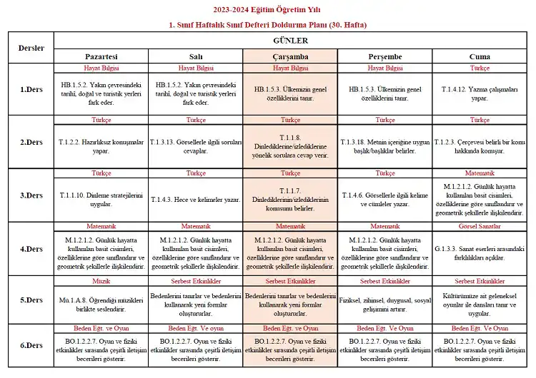 2023-2024 Yılı 1. Sınıf 30. Hafta Sınıf Defteri Doldurma Planı