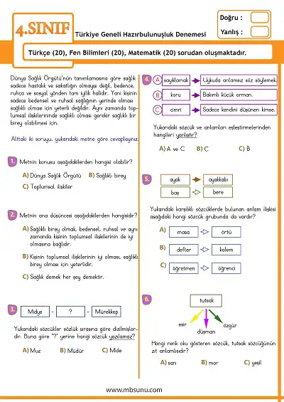 4. Sınıf Türkiye Geneli Hazırbulunuşluk Denemesi pdf