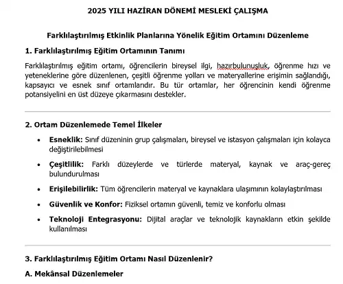 2025 Ortaokul Mesleki Çalışma: Farklılaştırılmış Etkinlik Planlarına Yönelik Eğitim Ortamını Düzenleme