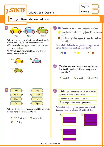 3. Sınıf Sene Sonu Genel Deneme 1