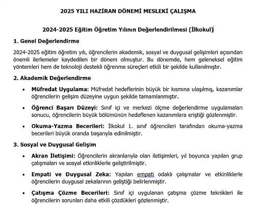 2024-2025 İlkokul Eğitim Öğretim Yılının Değerlendirilmesi